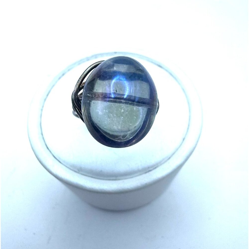 Handmade Wire Wrapped Ring Large Blue Glass Cabochon Artisan Statement Ring Size